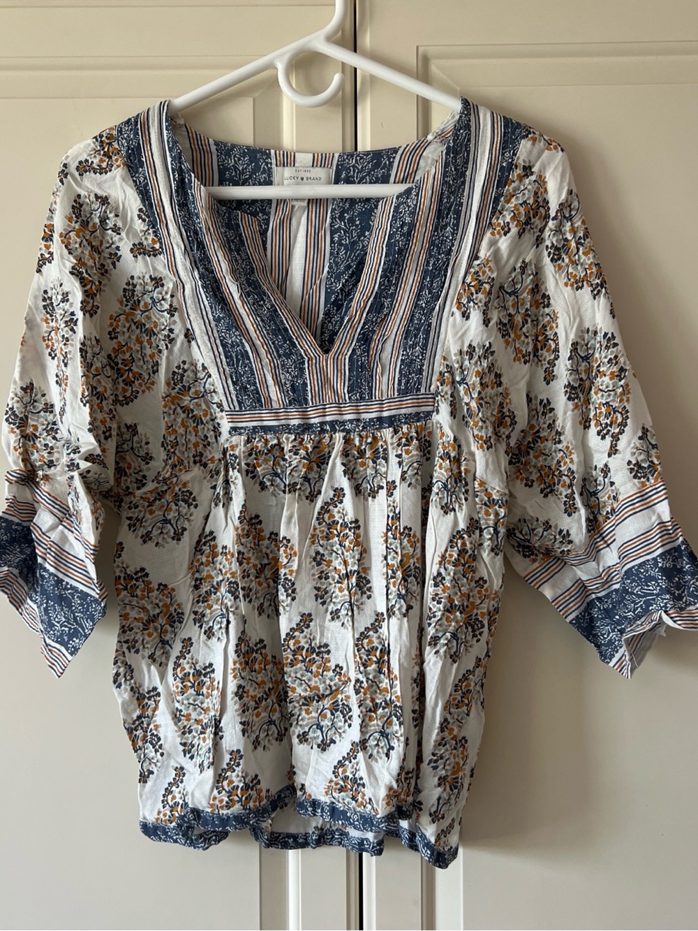 Lucky Brand White Floral Tunic with Blue & Mustard Accents